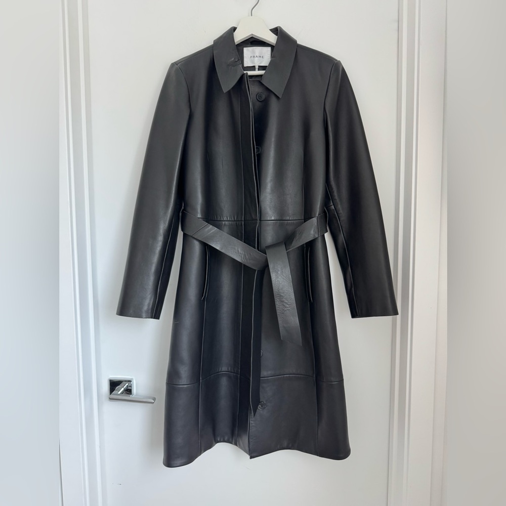 Frame Small Black Leather Trench Coat